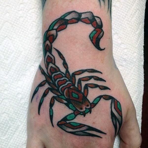手背彩色老蝎子纹身图案 第1张